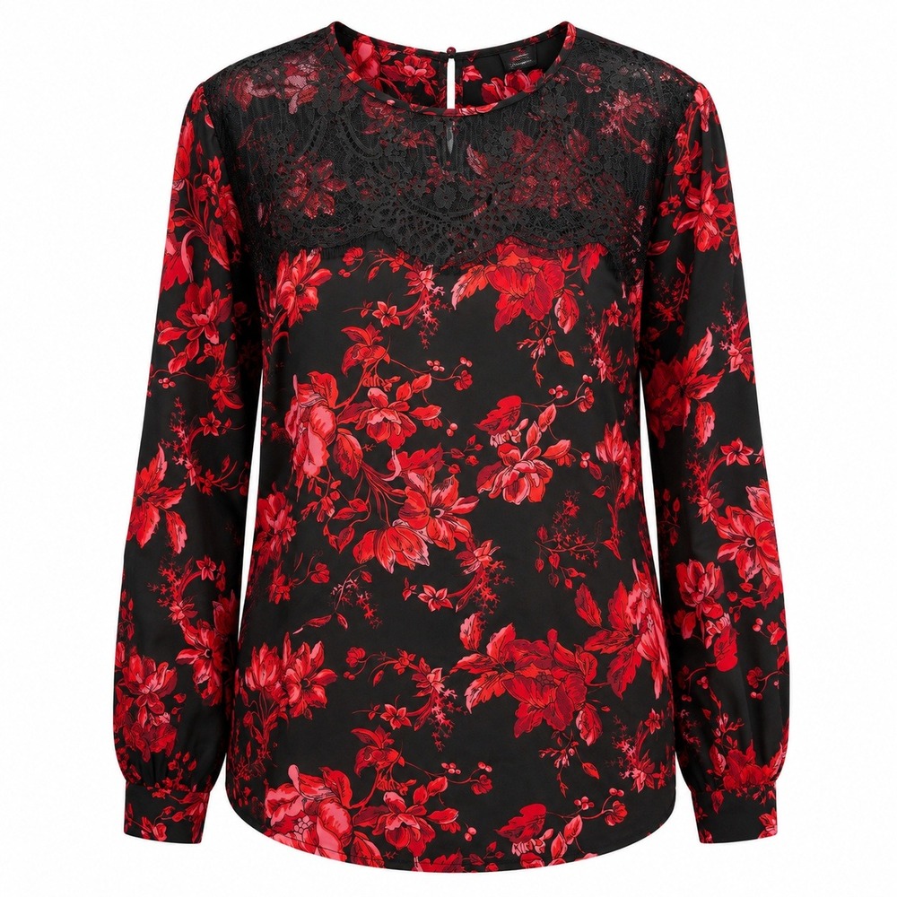 Chelsea & Theodore Red Black Floral Lace‎ Yoke Blouse Plus Size 3X Long Sleeve